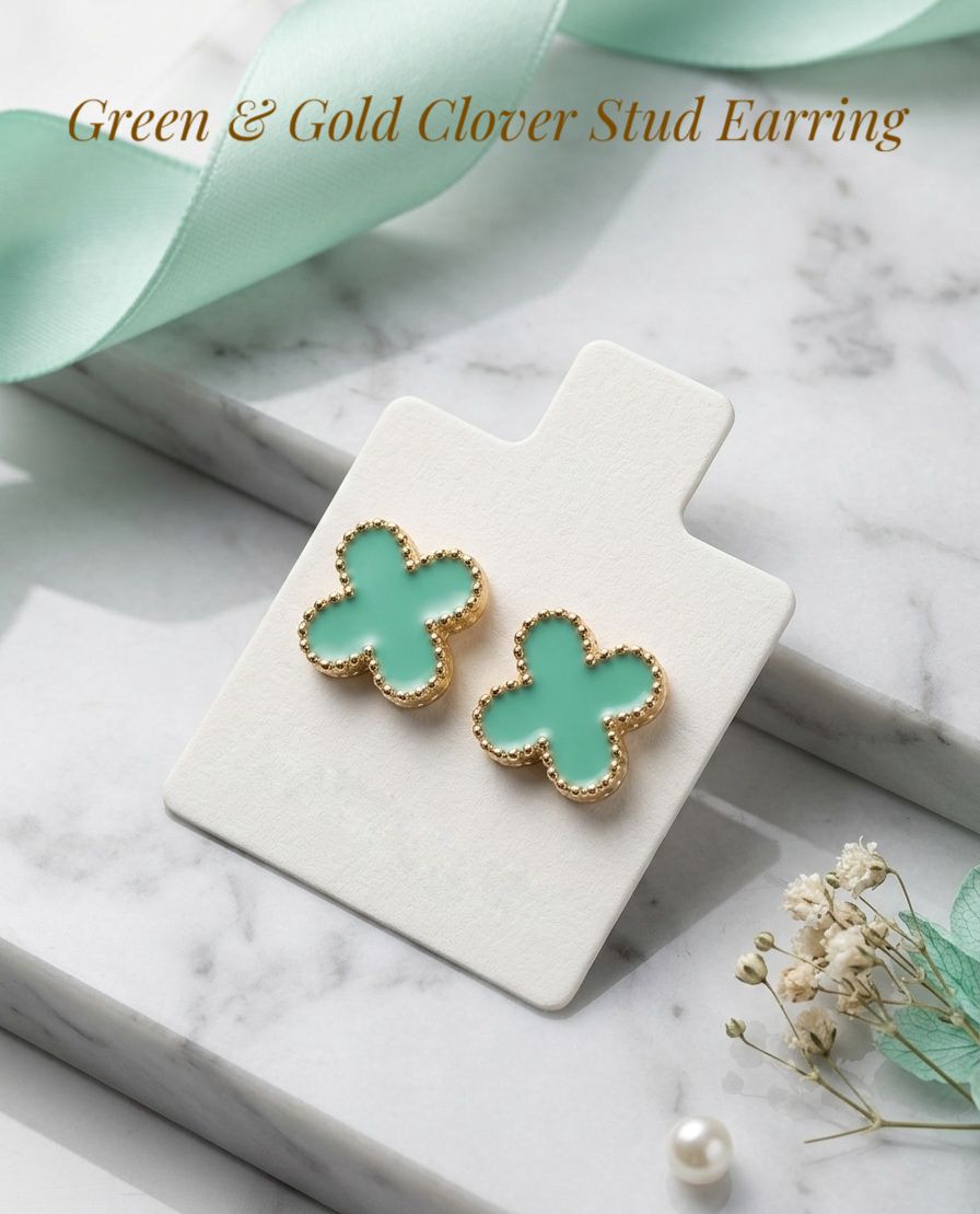 Shivena Jewellery Green & Gold Clover Stud Earring